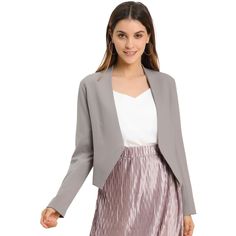 Create a modern sleek look even at the office with this stunning cropped blazer jacket.This smart collarless blazer features an angled hem that's shorter in back for a fashionably cool look.An open-front design with hook eye closure for showing your amazing top inside.This piece definitely makes you outstanding whether for a professional or a casual look. Size: medium. Color: gray. Gender: female. Age Group: adult. Pattern: Solid. Material: Polyester. Office Suit, Cropped Blazer Jacket, Boucle Jacket, Crop Blazer, Grey Outfit, Cropped Blazer, Long Sleeve Blazers, Work Office, Sleek Look