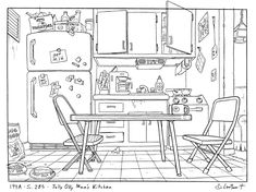 a black and white drawing of a kitchen with an oven, refrigerator, table and chairs