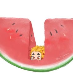 a slice of watermelon with a cartoon character sticking out of it's corner