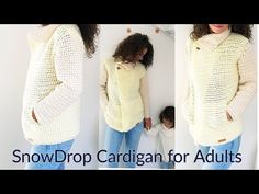 a woman standing in front of a wall wearing a white sweater and jeans with the words snowdrop cardigan for adults