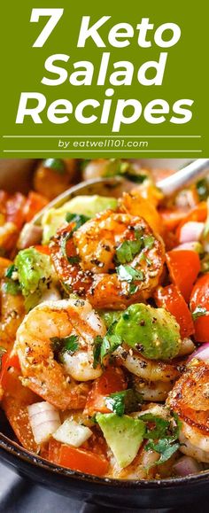 a skillet filled with shrimp and vegetables