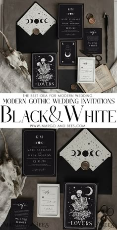 black and white wedding stationery is laid out on top of each other with the words modern