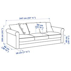 a drawing of a couch with measurements for the seat and back cushions on top of it