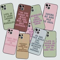 six cell phones with different sayings on the front and back covers in various colors