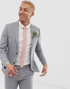 River Island wedding skinny fit suit jacket in grey Summer Wedding Suits, Grey Suit Men, Mens Fashion Sweaters, Mens Fashion Wedding, Mens Fashion Casual Winter, Wedding Suits Groom, Mens Fashion Business, Groomsmen Suits, Pink Suit