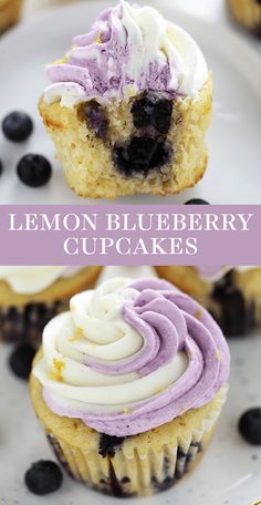 lemon blueberry cupcakes with white frosting and blueberries on the side