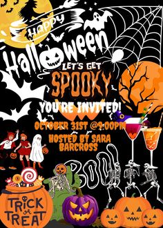 halloween party flyer with pumpkins, jack - o'- lanternes and witches