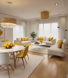 a living room filled with white furniture and yellow accents