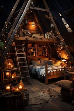 an attic bedroom is decorated in rustic wood and string lights, with a ladder leading up to the bed