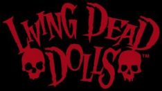 the logo for living dead dolls, which features skulls and red lettering on black background