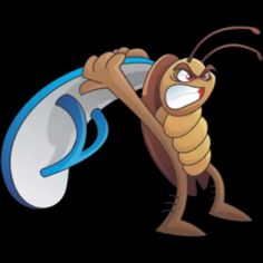 a cartoon bug holding onto a white and blue object with its mouth wide open, on a black background