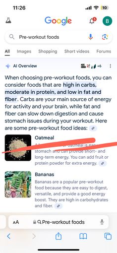 an iphone screen with the text'when choosing pre - workout foods, you can avoid eating