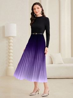 Elevate your style with Ethereal Elegance: Women's Gradient Pleated Dress. This dress combines a gradient design with pleated details for a stunning and unique look. Perfect for any occasion, this dress will make you stand out while providing comfort with its lightweight and flowy material. Color : Mauve Purple Style : Elegant Pattern Type : Ombre Sleeve Length : Long Sleeve Details : Pleated Neckline : Stand Collar Type : A Line Sleeve Type : Regular Sleeve Waist Line : High Waist Hem Shaped : Fitted Gradient Maxi Dress, Elegant Ombre Midi Dresses, Fitted Ombre Midi Dress, Formal Fitted Ombre Dress, Pleated Neckline, Purple Style, Mauve Purple, Gradient Design, Elegant Pattern