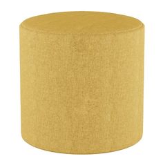 a round yellow ottoman sitting on top of a white floor