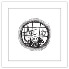 a black and white drawing of two skeletons in a cage