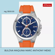 Partnering with legendary performer Marc Anthony, Bulova presents the bold Marc Anthony Maquina men's timepiece. The watch has modern design with a rugged edge, with a faceted silver-tone stainless steel case with 100m water resistance and a flat sapphire crystal with anti-reflective coating for exceptional legibility. The brilliant blue dial features silver-tone and orange accents, including orange accenting at 1, 3, and 5 o'clock, chosen by marc for their personal significance. The dial featu… Classic Chronograph Watch With Stopwatch, Classic Chronograph Watch With Round Dial, Modern Chronograph Watch With Round Dial, Modern Chronograph Watch With Stopwatch, Mens Chronograph, 5 O Clock, Marc Anthony, Orange Accents, O Clock