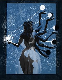 a woman in a dress holding two hands up to the sky with stars and planets around her