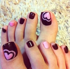 Valentine's Day Pedicure Ideas, Pedicure Heart Designs, Valentines Pedicure Toenails Pink, Heart Pedicure Designs, Valentine Toes Pedicures, Valentine’s Day Toe Nail Designs, Valentines Day Toenails, Heart Toe Nails, Black And Pink Toe Nails