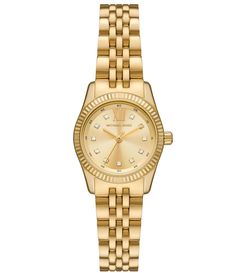 From Michael Kors&#x2C; the Women's Lexington Three-Hand Gold Tone Stainless Steel Bracelet Watch features: Gold-tone stainless steel bracelet and case Gold sunray dial2 pusher foldover clasp closureThree-hand movementBand width approx. 14mmCase size approx. 26mmCase thickness approx. 8mm Inner Circumference: 175 /- 5mmWater Resistance: 10 ATMImported. Michael Kors Lexington Watch, Michael Kors Lexington, Gold Plated Watch, Three Hands, Wedding Watch, Quartz Bracelet, Women's Watch, Diamond Watch, Stainless Steel Watch