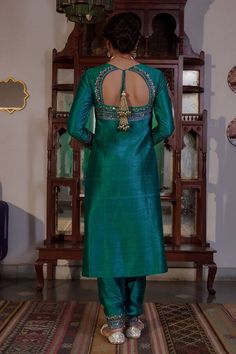 Teal green kurta with thread, sequin, bead, cutdana embroidery in stripe pattern. Paired with salwar and dupatta. - Aza Fashions Green Embellished Unstitched Salwar Kameez, Elegant Green Kurta With Mirror Work, Festive Green Embellished Salwar Kameez, Green Embellished Salwar Kameez For Festive Occasions, Embellished Green Salwar Kameez For Festive Occasions, Green Embellished Raw Silk Set, Embellished Green Chanderi Salwar Kameez, Semi-stitched Embellished Green Kurta, Green Raw Silk Dress With Mirror Work