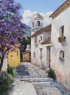 a painting of a street with steps leading to buildings