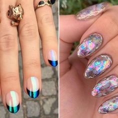 Iridescent Nails Are Trending for 2020 — See the Photos Allure Chorme Irredescent Nails Black, Iridescent French Manicure, Iridescent Nails Black, Iridescent Nails French Tip, Holographic French Tip Nails, Black Iridescent Nails, Irridecent Design Nails, Iridescent French Tip Nails, Chorme Nails