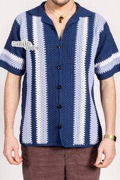 Merladesigns Unisex Blue Striped Collared Shirt, Summer Shirt, Crochet Unisex Shirt, Vintage Crochet Shirt, Crochet Stripes Shirt for Men - Etsy Turkey Casual Blue Crochet Patterns, Scarf Cardigan, Crochet Men, Crochet Cap, Blue Stripes, Crochet Top, Crochet Projects, Crochet Patterns, Crochet