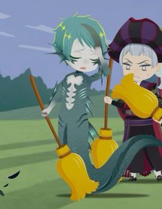 two anime characters are holding brooms in their hands