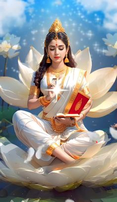 a woman sitting on top of a lotus with a book in her hand and flowers around her