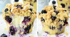 two pictures of blueberry muffins with crumbs on them