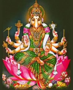 the lord ganesha is sitting on top of a lotus with his hands in each other's pockets