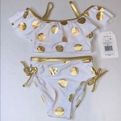 Toddler Bikini - 2t White With Gold Dots Nwt Playful Summer Swimwear For Holiday, Playful Summer Holiday Swimwear, Playful White Adjustable Swimwear, Playful Adjustable White Swimwear, White Adjustable Playful Swimwear, Playful White Swimwear For Poolside, Fun White Swimwear For Poolside, Playful White Swimwear For Summer, Fun White Swimwear