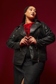 Shop YOURS Curve Faux Leather Biker Jacket at Yours Clothing. Discover women’s plus size clothing in sizes 10-36 with fast delivery. Womens Biker Jacket, White Studs, Faux Leather Biker Jacket, Swimwear Trends, Plus Size Coats, Faux Leather Fabric, Leather Biker Jacket, Collar Designs, Fashion Fits