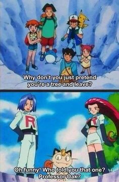 pokemon and their friends are talking to each other in front of the camera, with caption