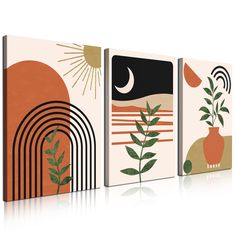 three canvases with different designs on them, one is orange and the other is green