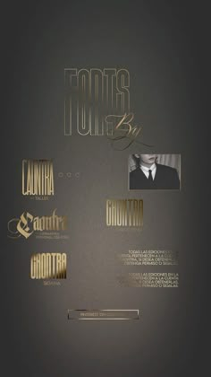 the back side of a black and gold brochure with images of men in suits