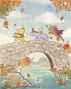 winnie the pooh and friends jumping over a stone bridge in front of an autumn scene