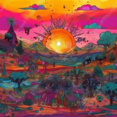 a painting of the sun setting over a colorful landscape