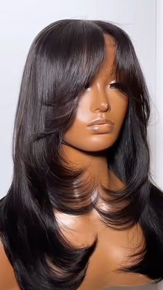 Long Layered Hair For Black Women, Layers Weave Black Women, Layered Blowout With Bangs, Layers Lace Front Wig, Layered Beach Hair, Long Side Swept Bangs With Layers, Layered Haircut Black Women, Black Wig With Layers, Layers On Wig