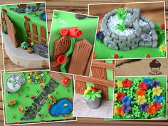 a collage of photos showing different types of cakes and decorations on wooden table top