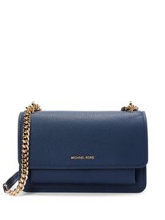 blue calf leather grained texture foldover top with magnetic fastening gold-tone logo lettering chain-link shoulder strap slip pocket to the rear partitioned compartment internal zip-fastening pocket