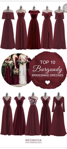 the top 10 burgundy bridesmaid dresses in different styles and colors, including one for each