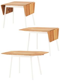 two tables with white legs and wood top, one is shaped like an upside down table