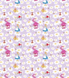 a purple background with white daisies and cartoon characters