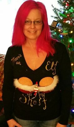 There's an elf on my shelf ugly Christmas sweater.  I always knew that elf was up to no good! Home Made Ugly Christmas Sweater Ideas, Gnome Christmas Sweater, Ugly Sweater Wine, Maternity Ugly Christmas Sweater Funny, Igly Christmas Sweater, Pregnant Ugly Christmas Sweater