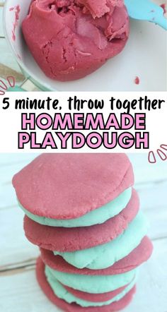 some pink and green cookies are stacked on top of each other with the words 5 minute, throw together homemade playdough