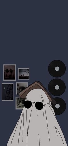 an image of a ghost with sunglasses on his head and pictures above him in the background