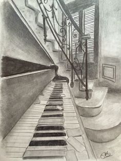 a pencil drawing of a staircase with piano keys