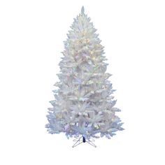 a white artificial christmas tree with lights on it's top and bottom branches, in front of a white background