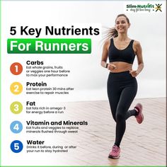 a woman running with the text 5 key nutrits for runners on her chest